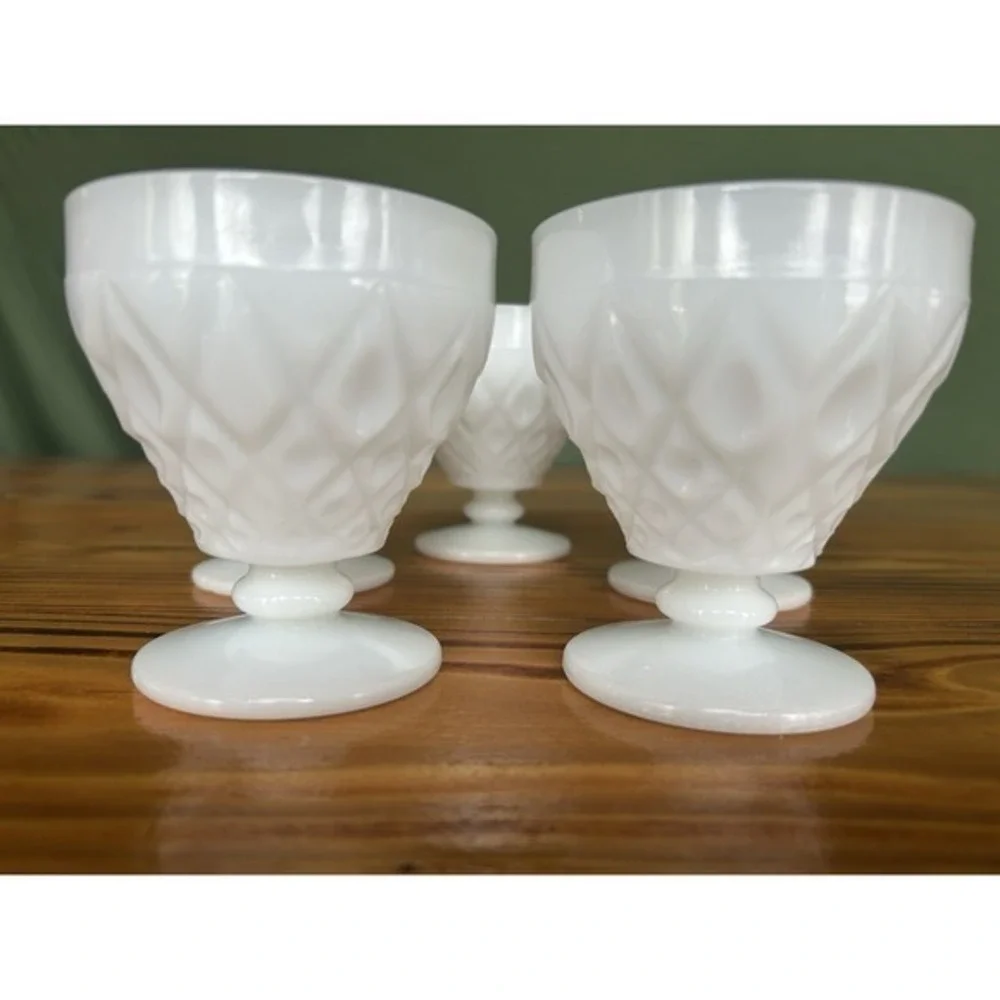 5-PC‎ Milk Glass Footed Drinking Goblet Cups Diamond Geometric 3D Design